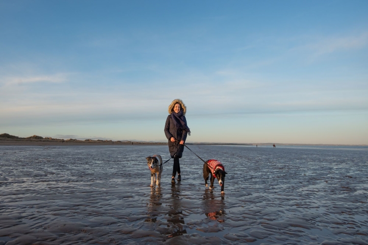 Student walking dogs on the beach